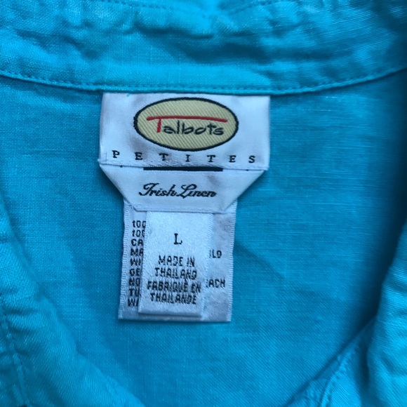 Talbots Teal Irish Linen Short Sleeve Button Down Top, EUC, L - Picture 4 of 11